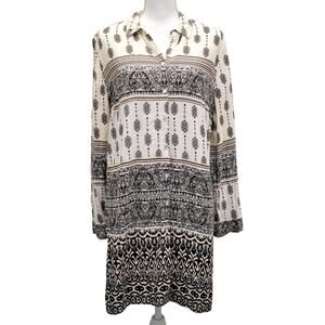 Chico's Button Up Tunic Top Women's 2, L Long Sleeve Batik Damask Side Slit Boho